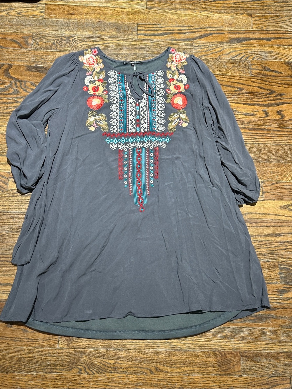 Andree Slate Blue Embroidered Boho Tunic with Floral Yoke